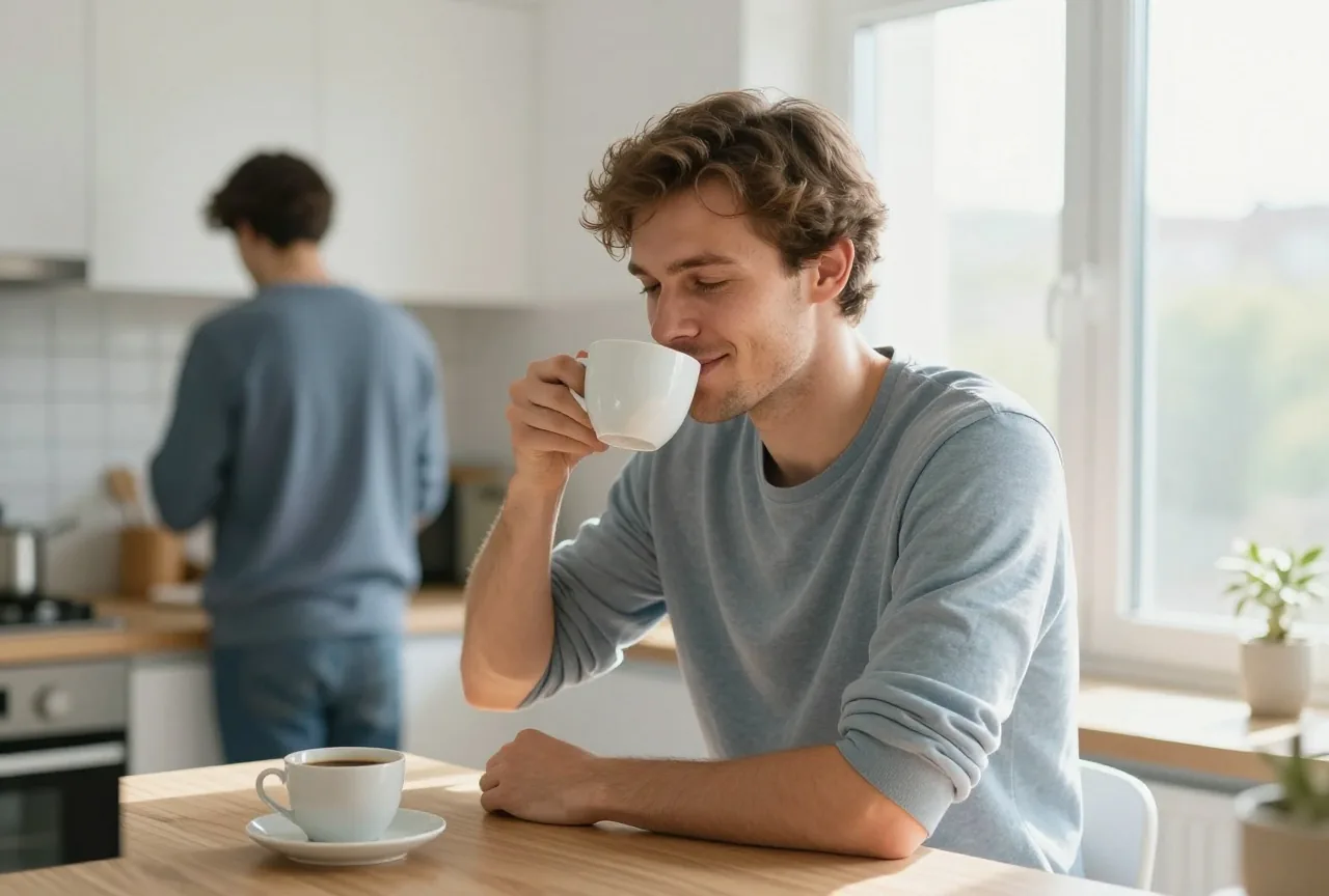 Junger Mann trinkt am Morgen am sonnigen Küchenfenster Kaffee, noch etwas verschlafen, aber entspannt