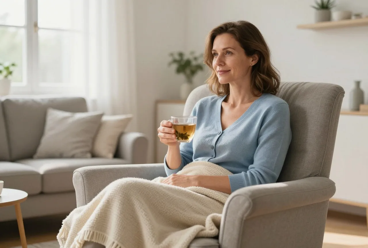 Frau in den Vierzigern sitzt am Abend mit Wolldecke und Kräutertee im Sessel im warm beleuchteten Wohnzimmer