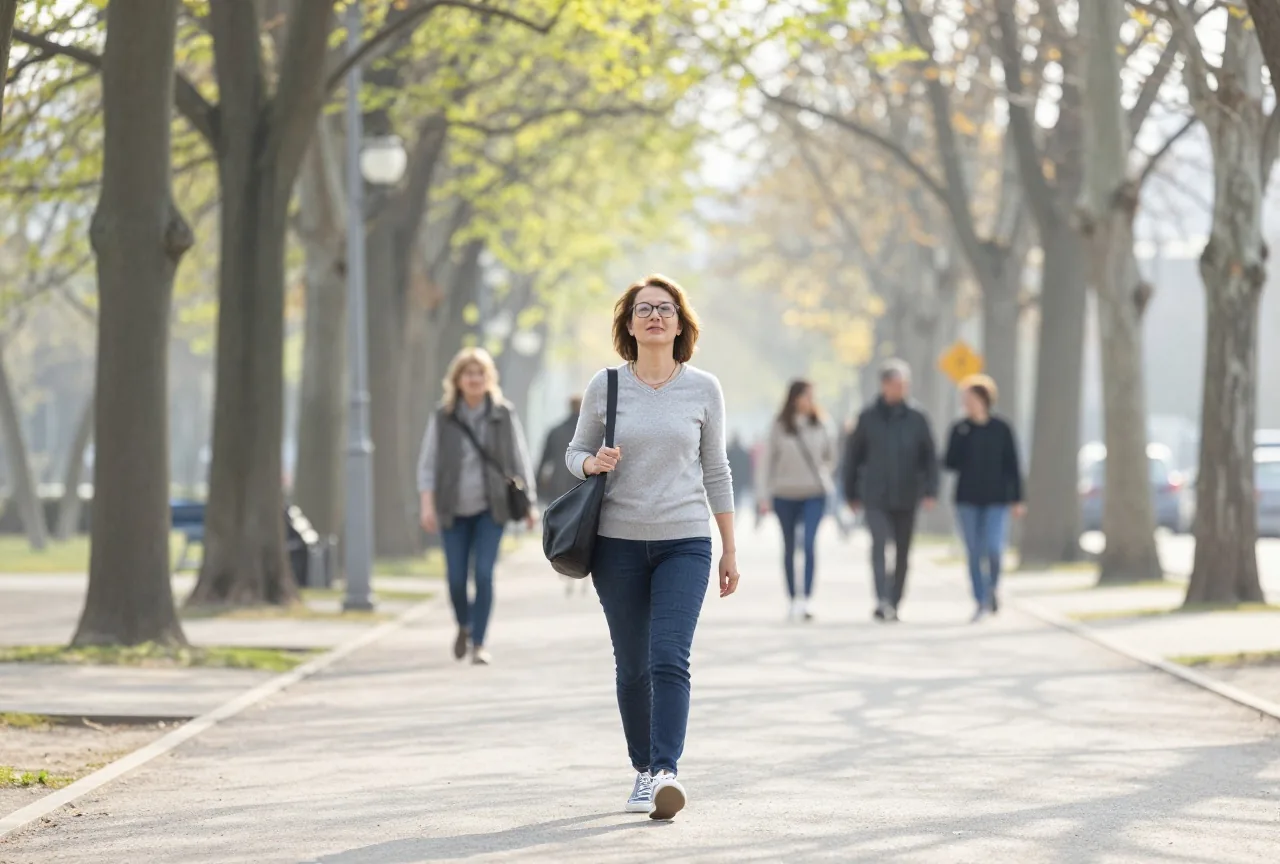 Frau in den Fünfzigern geht am Morgen zügig und wach über einen sonnigen Parkweg unter Bäumen