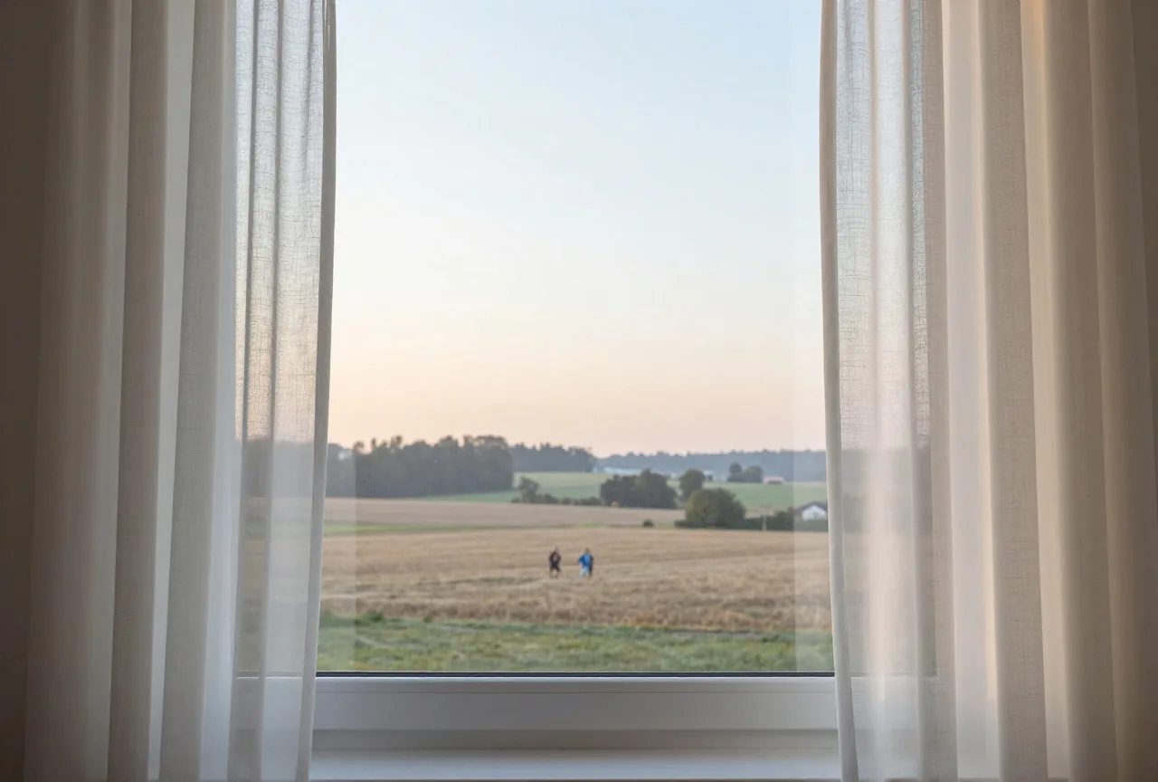 Blick durch ein Schlafzimmerfenster auf stille Felder beim Sonnenaufgang im sanften goldenen Licht