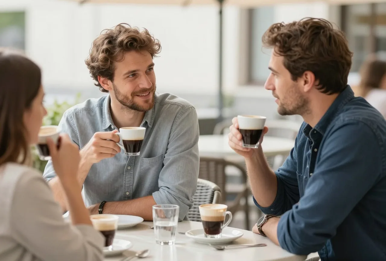 Zwei Kollegen in den Dreißigern trinken mittags auf einer sonnigen Terrasse zusammen Espresso und plaudern