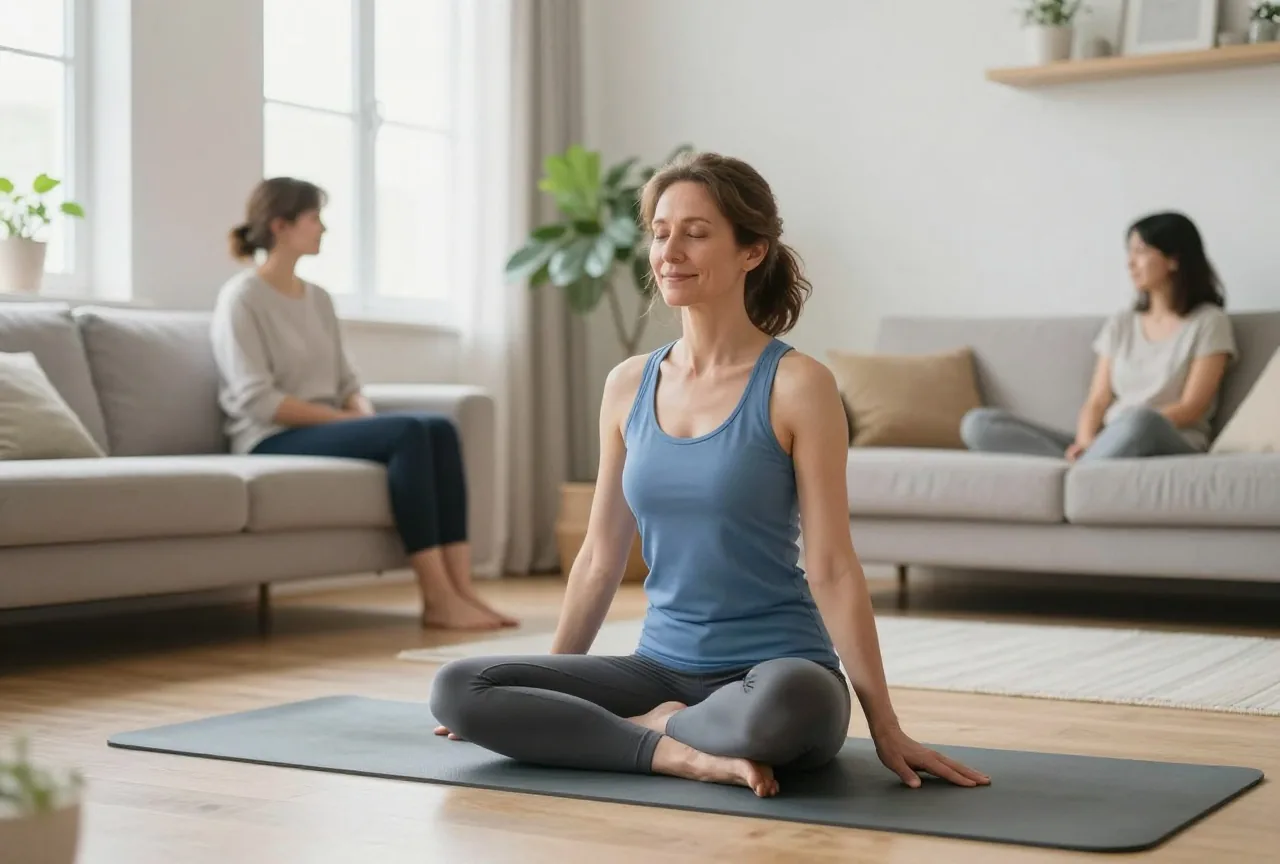 Frau in den Fünfzigern macht am Morgen im hellen Wohnzimmer auf einer Matte eine sanfte Yogaübung