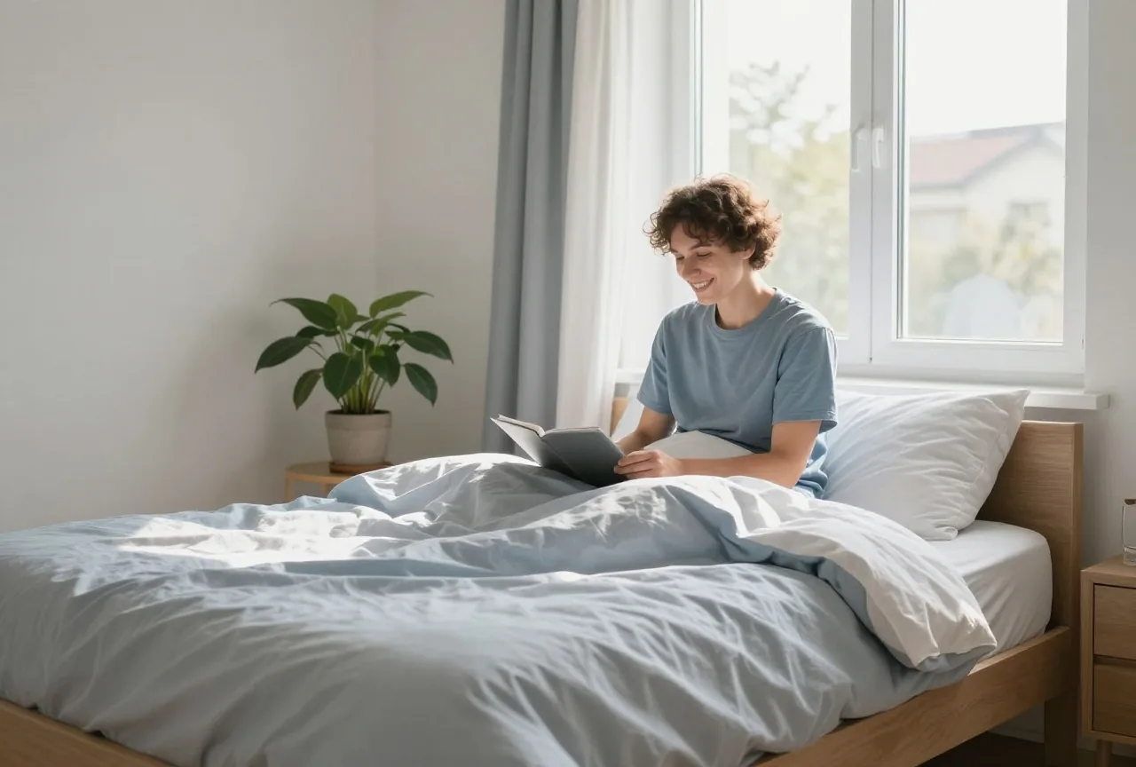 Morgensonne fällt durch das Fenster eines Schlafzimmers auf ein ordentliches Bett und eine Zimmerpflanze