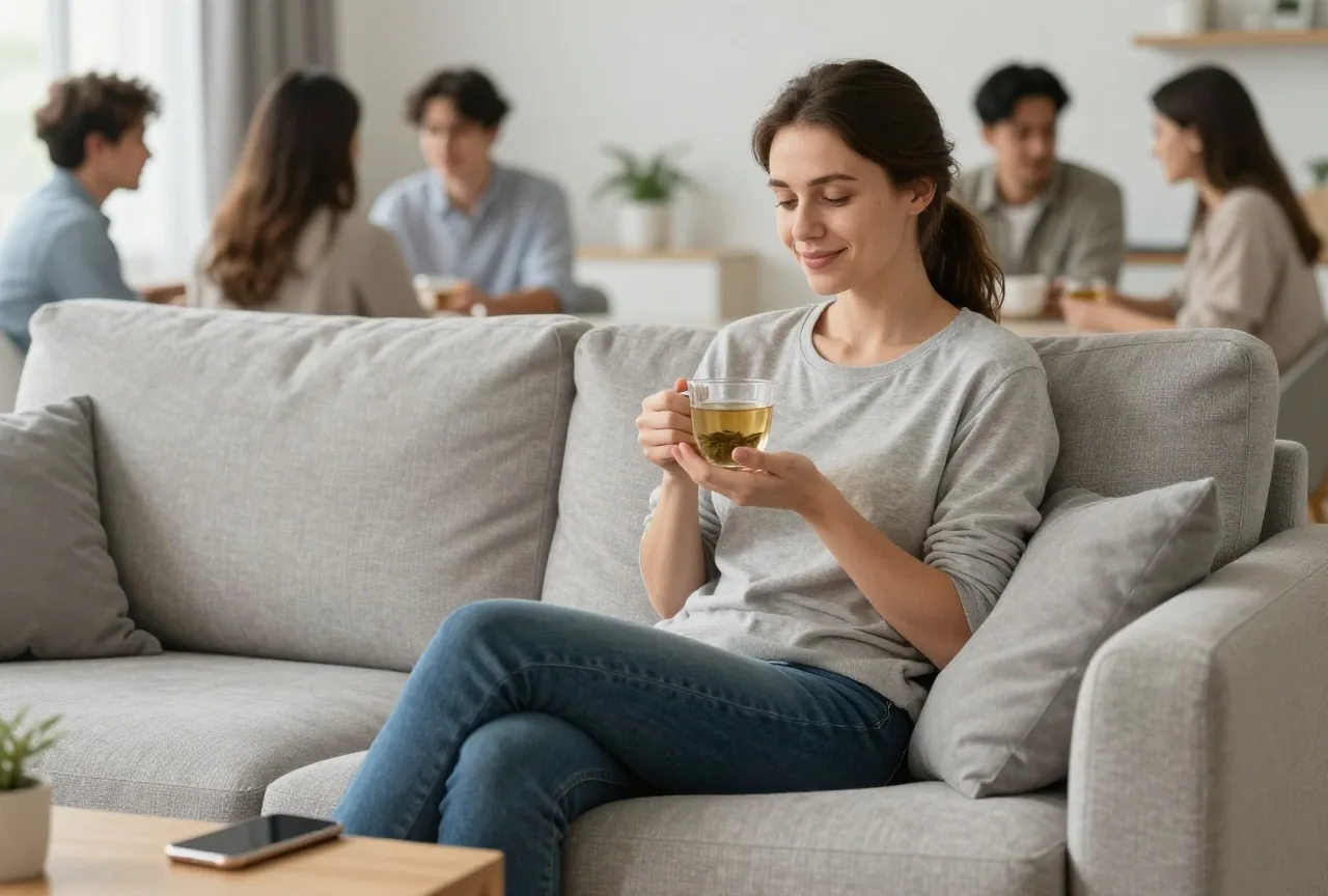 Frau in den Dreißigern sitzt am Abend mit Kräutertee auf dem Sofa, das Handy liegt umgedreht auf dem Beistelltisch