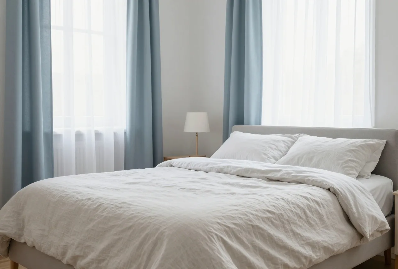 Aufgeräumtes helles Schlafzimmer mit Bett, schlichten Vorhängen und Leselampe, ruhig und einladend