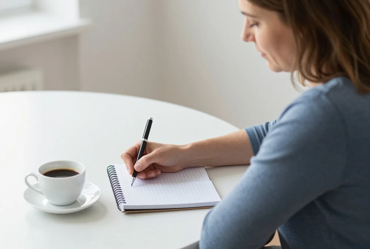 Frau in den Fünfzigern hält am Frühstückstisch neben ihrem Kaffee einen Stift über ein kleines Notizheft