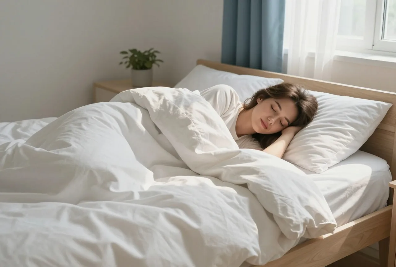 Junge Frau schläft an einem Wochenendmorgen friedlich unter einer Bettdecke, die Sonne scheint aufs Bett