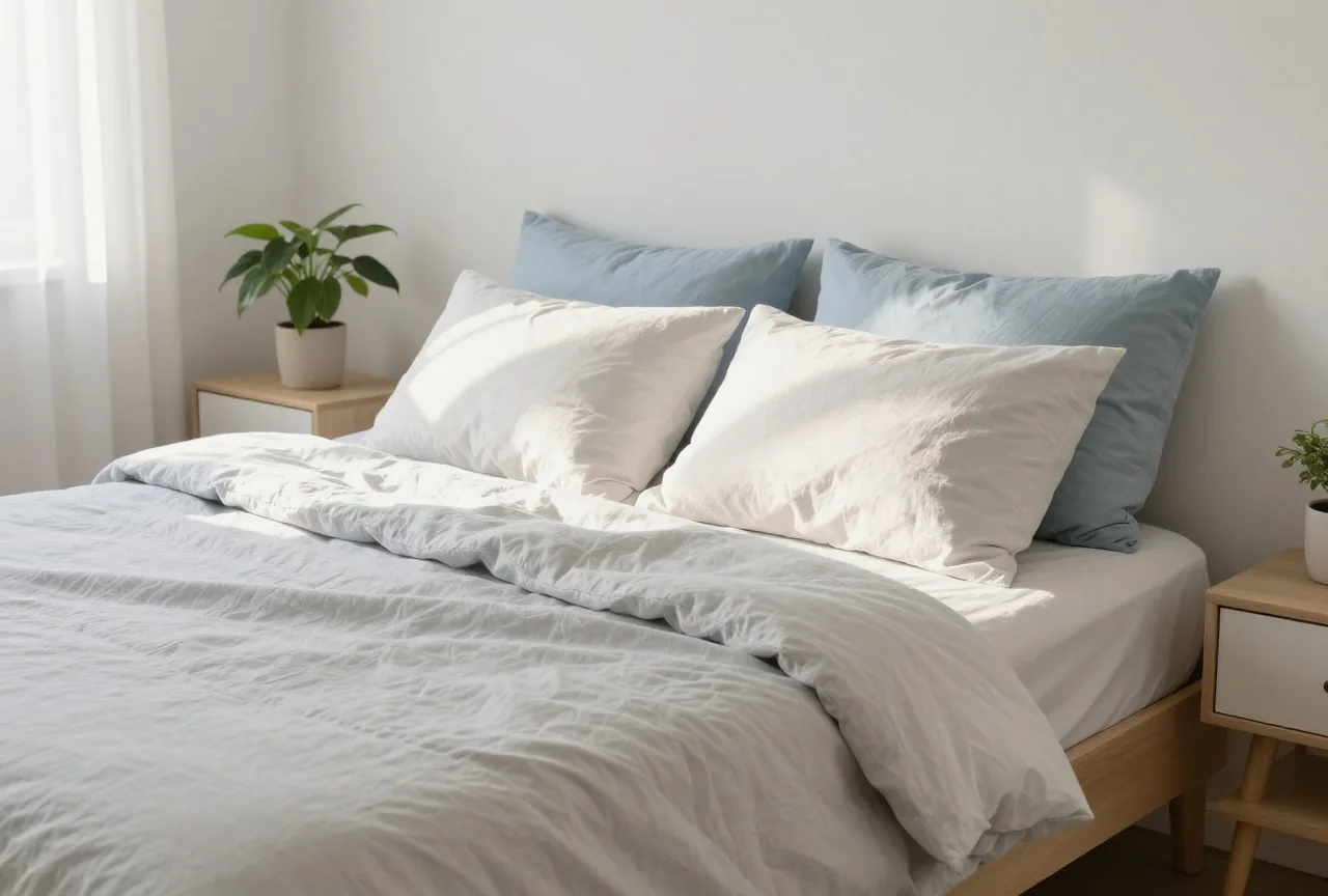 Helles Schlafzimmer am Morgen mit gemachtem Bett, Sonnenlicht auf den Kissen und einer Pflanze auf dem Nachttisch